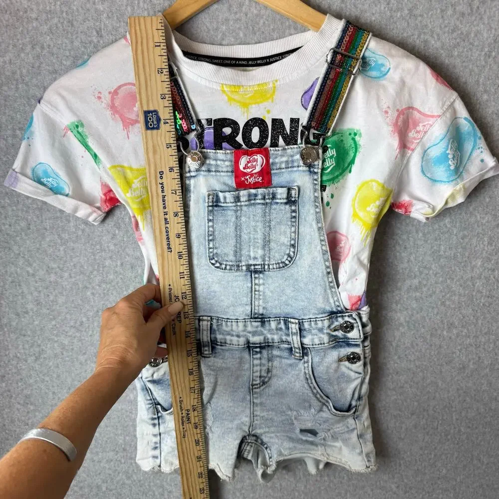 Vintage Justice Overalls & T-Shirt Jelly Belly Girls Size 7 Retro Rainbow Shorts